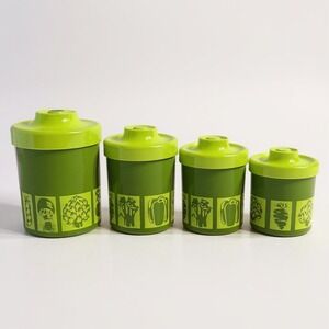 Vintage Retro Kitchen Canisters Set of‎ 4 Green Vegetable Design 60s 70s Decor